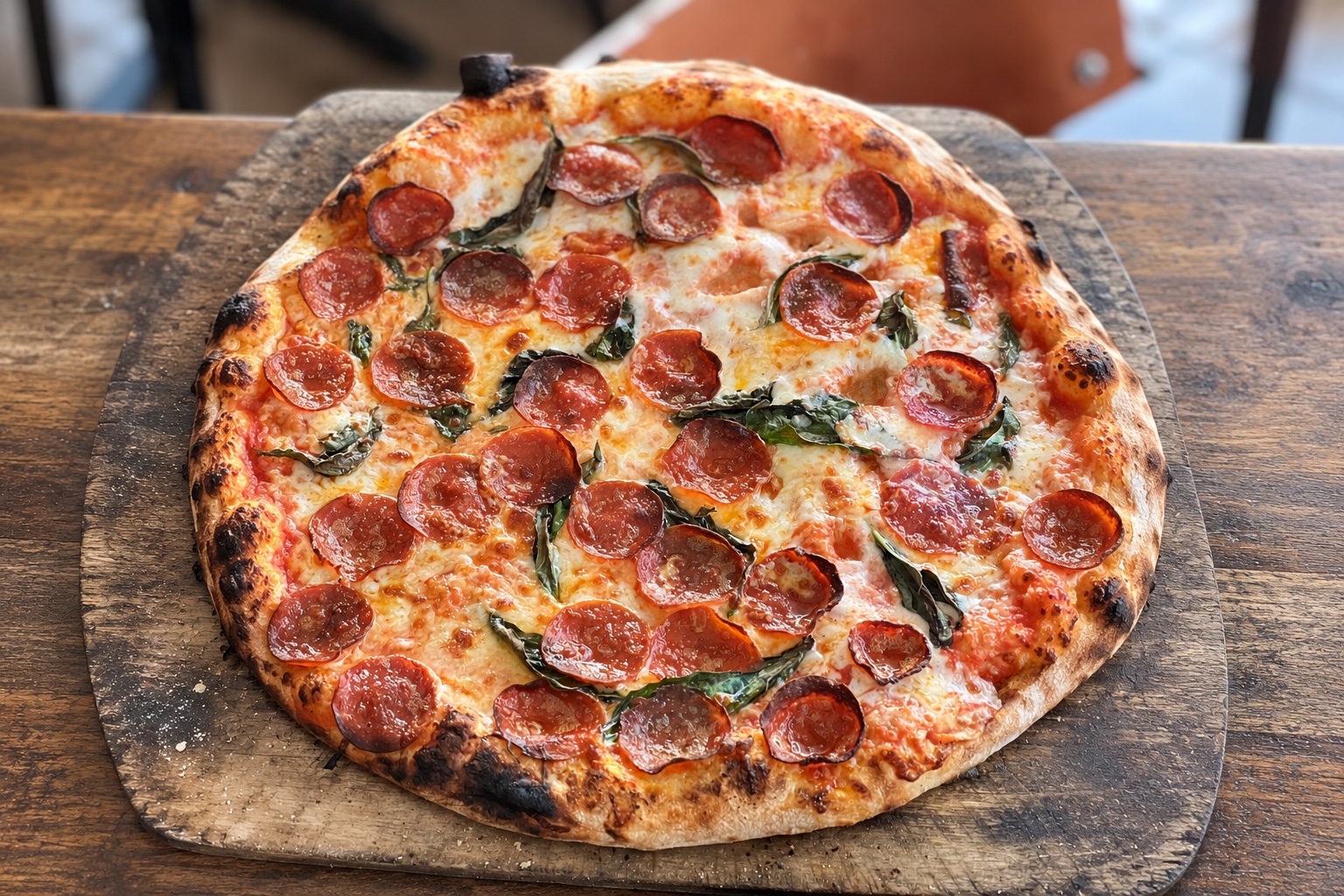Mergheroni pizza with Cup and Char Pepperoni and basil on a wooden serving board